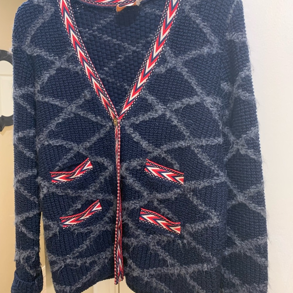 XL Tory Burch navy red stripe wool cardigan